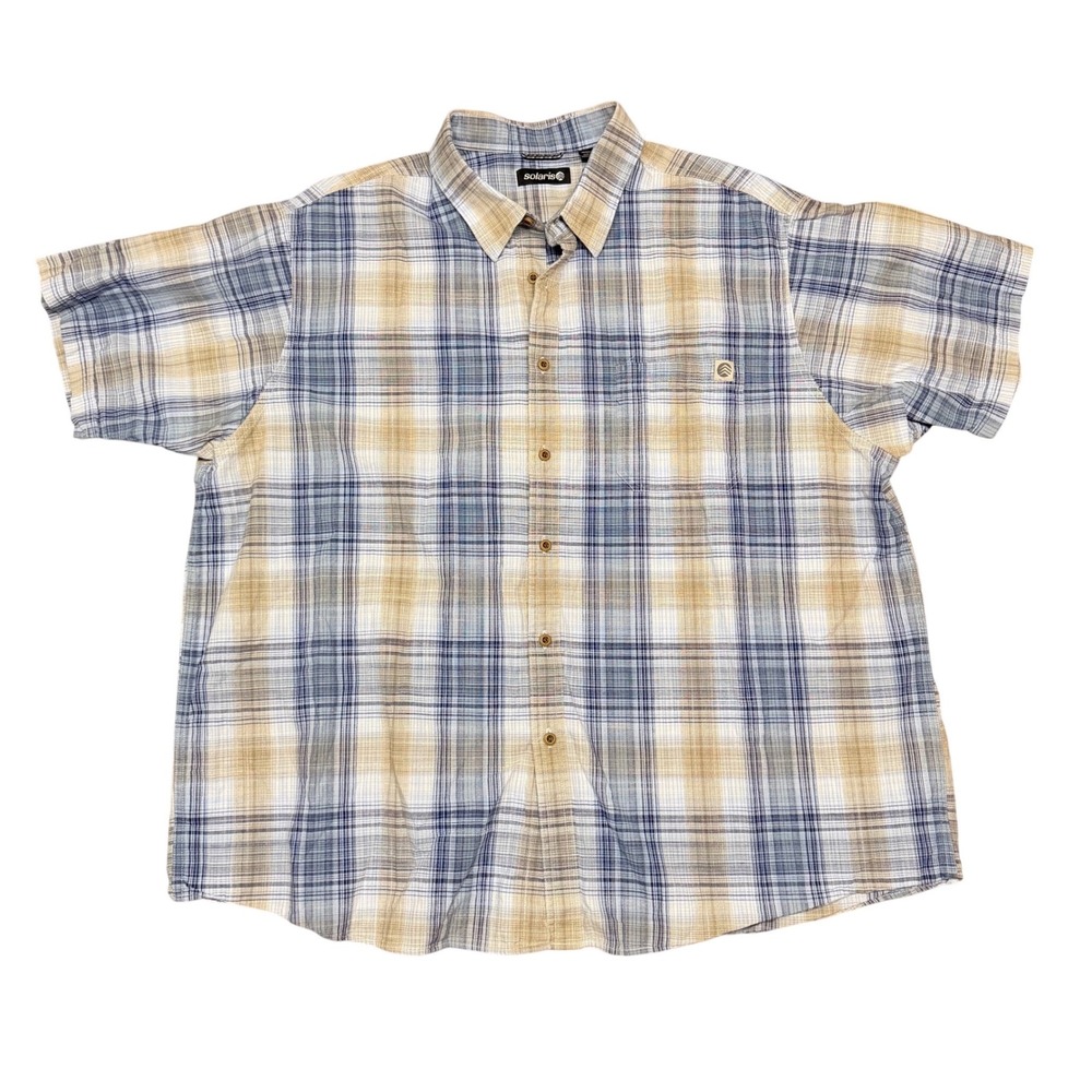Solaris Mens XXL Short Sleeve Button Up Plaid Shirt Blue Tan Casual Pocket